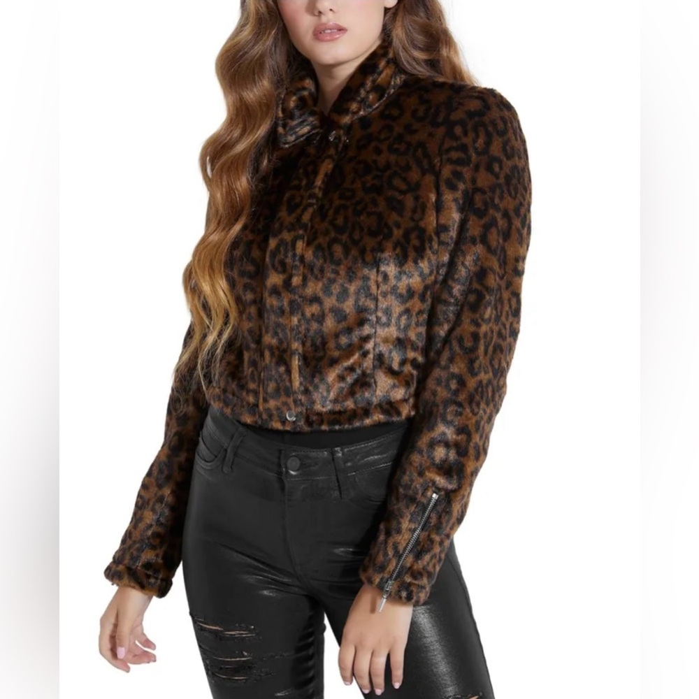 NWT Guess Leopard Print Faux Fur Moto Jacket